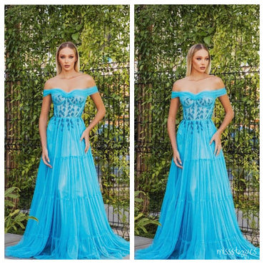 Women Simple Spa-Blue Off Shoulder A-Line Appliqued Tulle Long Prom Dresses,ZX56