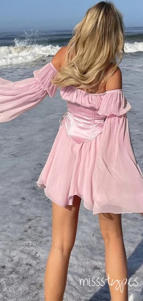 Elegant Pink Unique Off Shoulder A-Line Mini Homecoming Dresses, HM53