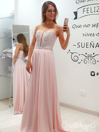Cute-Pink Sweetheart Beading A-Line Strapless Soft Long Prom Dresses,ZX55