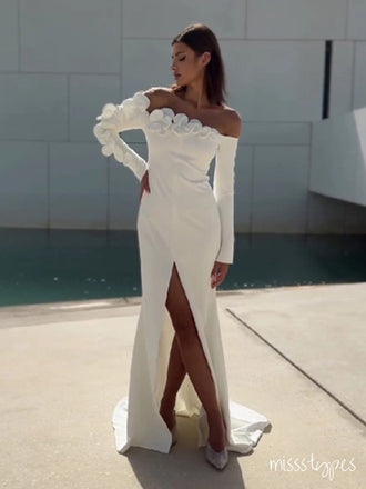 Elegant Flower White Off Shoulder Side Slit With Tail Mermaid Prom Dresses ZX22