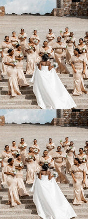 Champagne Off Shoulder V-Neck Sexy Mermaid Satin Bridesmaid Dresses Online, BL126