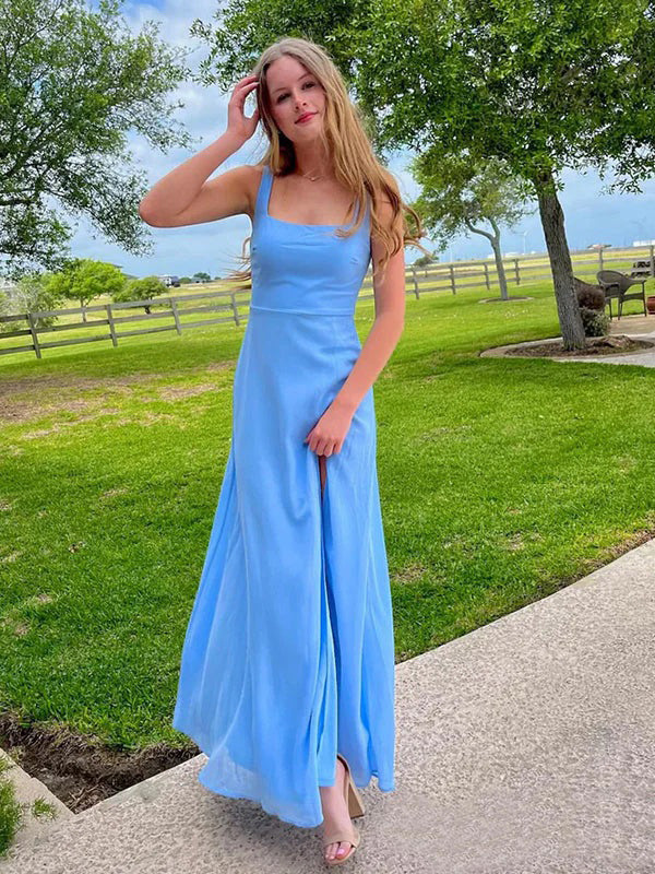 Elegant Blue Square Neckline Maxi Long Prom Evening Party Women Dresses ,ZX400