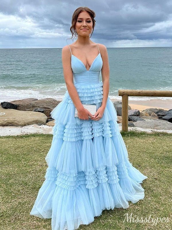 Pretty Blue A-line Spaghetti Straps Maxi Long Prom Evening Party Dresses,ZX402