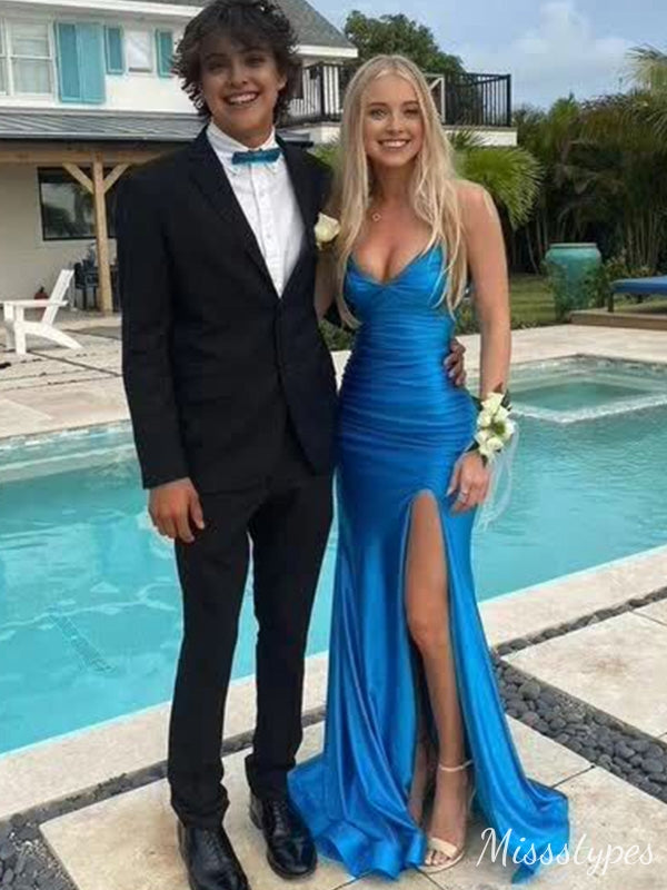 Sexy Blue Mermaid Side Slit V-neck Maxi Long Prom Evening Party Dresses,ZX405