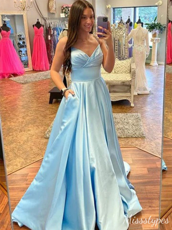 Simple Blue A-line Spaghetti Straps Maxi Long Prom Evening Party Women Dresses ,ZX397