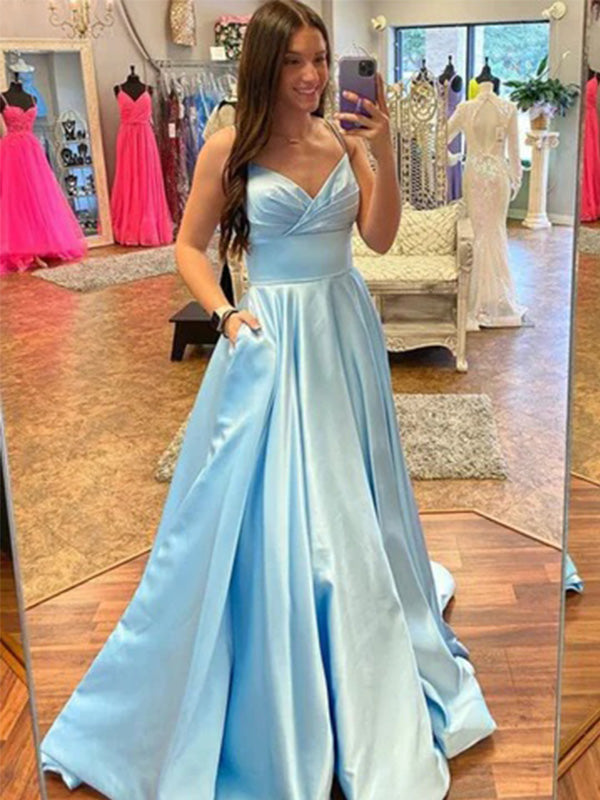 Simple Blue A-line Spaghetti Straps Maxi Long Prom Evening Party Women Dresses ,ZX397