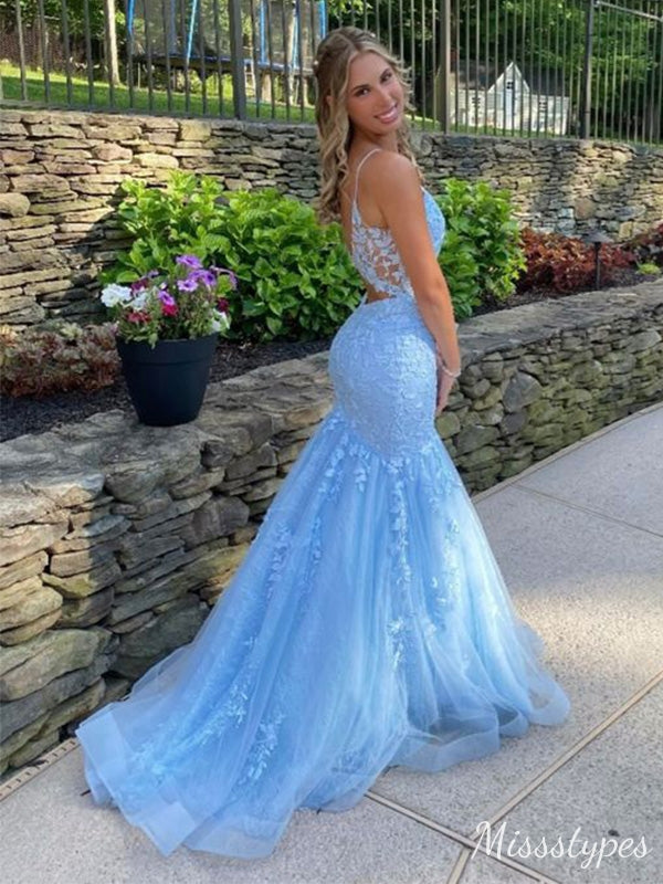 Sexy Blue Mermaid Spaghetti Straps Long Prom Dress Ideas, Evening Party Dresses,ZX450