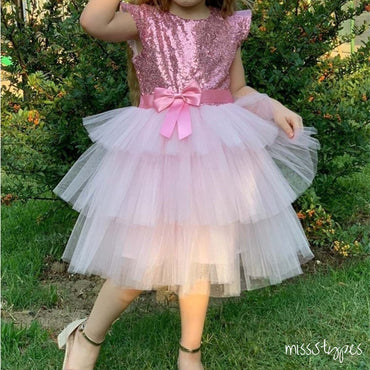 Lovely Round-Neck Pink Tulle Sequin Bow Mini A-Line Flower Girl Dresses, ET09