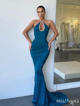 Women Unique Blue Halter Mermaid Floor-Length Mermaid Prom Dresses,ZX48