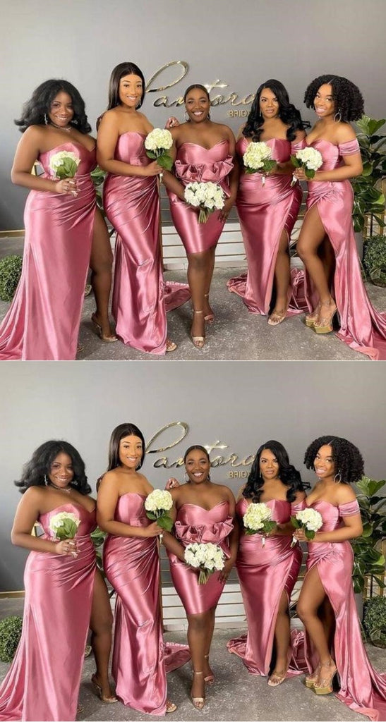 Off Shoulder Sparkly Pink Side Slit Sweetheart Mermaid Long Bridesmaid Dresses Online, BL136