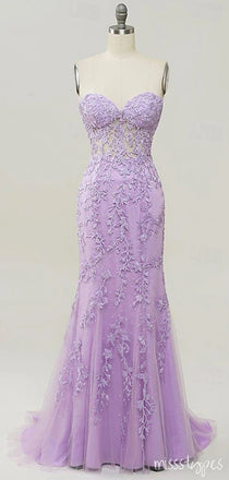 Alluring Flower Appliqued Purple Sweetheart Mermaid Floor-Length Prom Dresses,ZX74