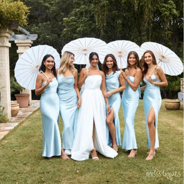 Women Blue Side Slit Soft Sexy Floor-Length Bridesmaid Dresses Online, BL63