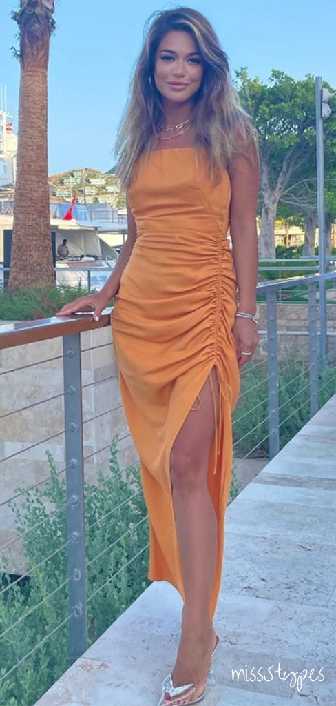 Simple Orange High-Neck Pleat Side Slit Te-Length PromDresses,ZX34