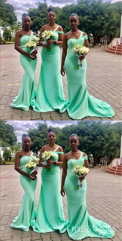 Mint Green One Shoulder Cheap Sexy Mermaid Long Bridesmaid Dresses Online, BL131