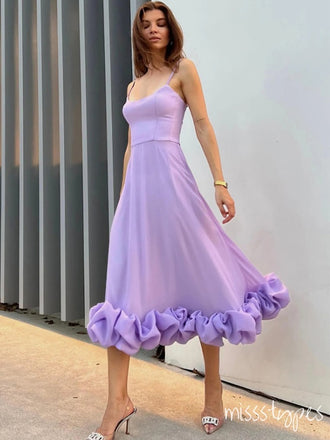 Unique Purple Spaghetti Strap A-Line Ruffle Soft Long Popular Prom Dresses,ZX120