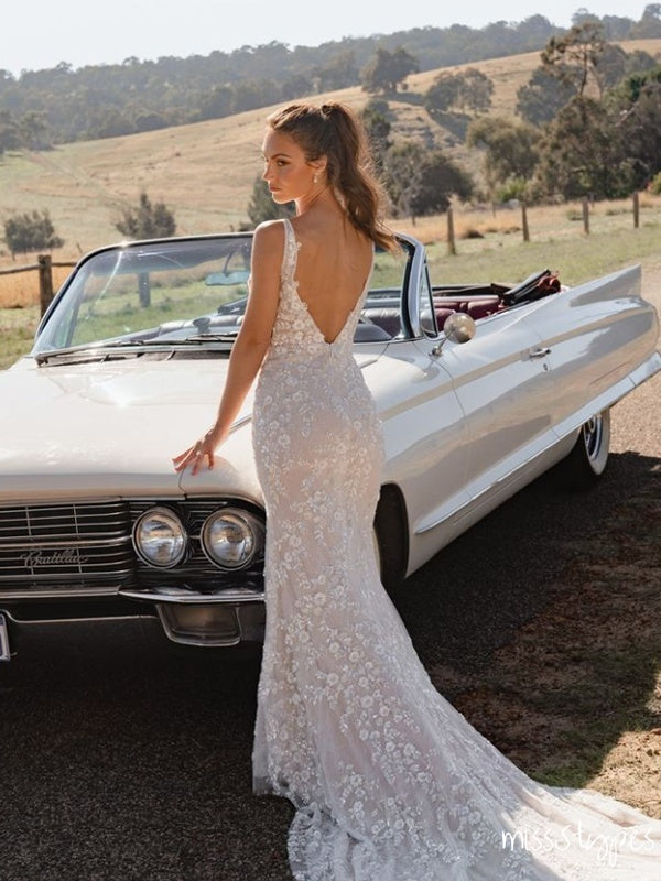 Elegant White Backless Mermaid V-Neck Spaghetti Strap Appliqued Long Wedding Dresses HS16