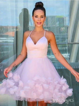 Cute Pink A-line Floral Spaghetti Straps Short Homecoming Dresses, HM92