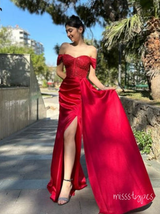 Off Shoulder Red Mermaid Long Side Slit Women Evening Prom Evening Dress,ZX246