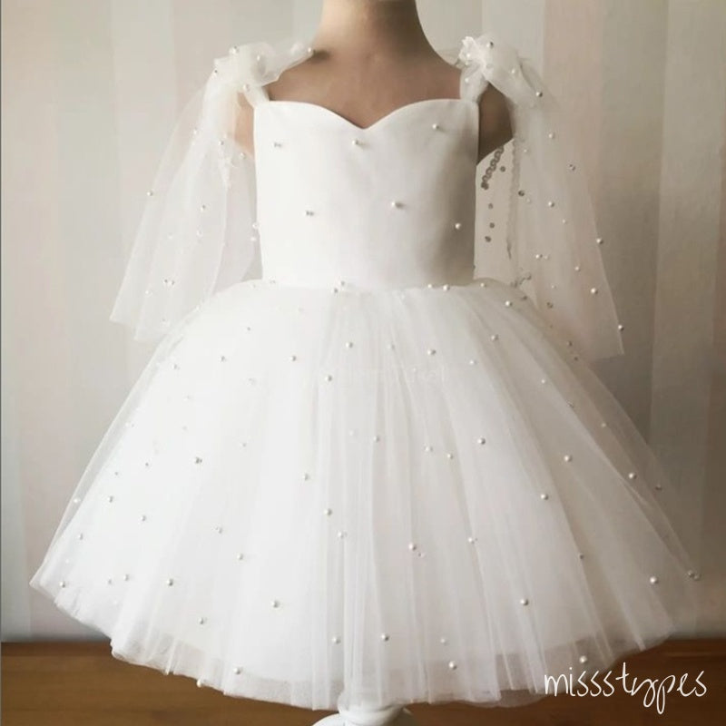 Simple White Spaghetti Strap Tulle Sweetheart Beading Little Flower Girl Dresses, ET23