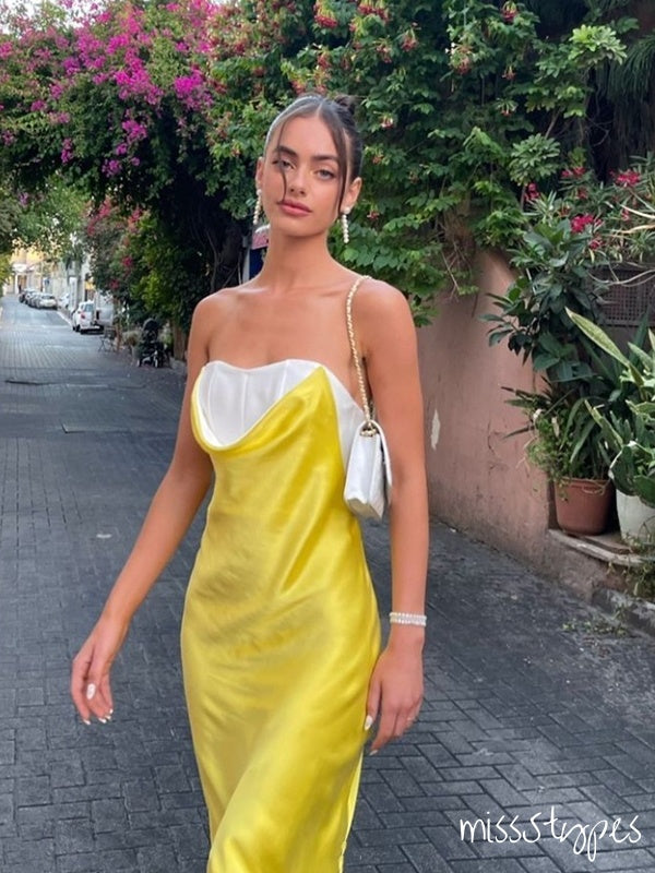 Sexy Lemon Yellow Strapless Backless Spliced Long Prom Dresses,ZX40