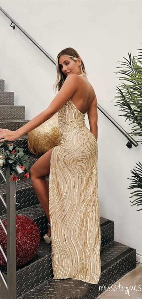 Women Bodycon Champagne Strapless Pleat Side Slit Long Mermaid Prom Dresses,ZX50