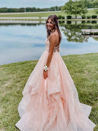 Sparkly A-line Spaghetti Straps V-neck Maxi Long Prom Evening Party Dresses,ZX415