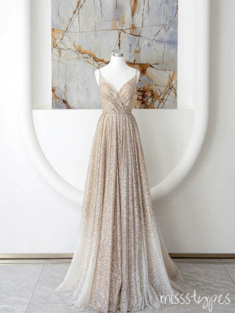 Women Champagne Spaghetti Strap Sweetheart Appliqued A-Line Pleat Prom Dresses,ZX75