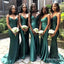 Satin Trendy Sexy Emerald Spaghetti Strap V-Neck Women Floor-Length Bridesmaid Dresses Online, BL158