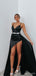 Sexy Black Beading V-Neck Spaghetti Strap Side Slit Long Mermaid Prom Dresses,ZX54