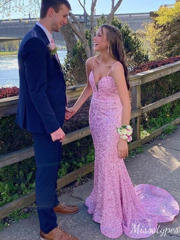 Sexy Pink Mermaid Spaghetti Straps V-neck Maxi Long Prom Evening Party Dresses,ZX411