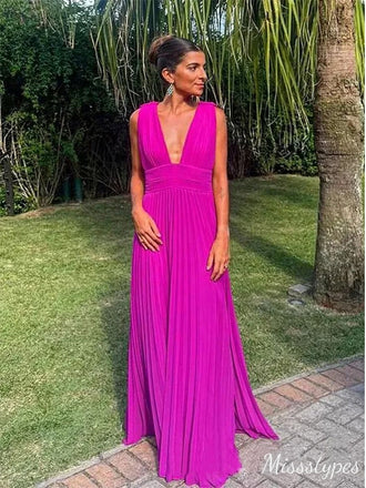 Sexy Hot Pink A-line V-neck Long Prom Dress To Impress, Evening Party Dresses,ZX439