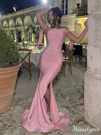 Sexy Pink Mermaid Off Shoulder Long Prom Dress Ideas, Evening Party Dresses,ZX460