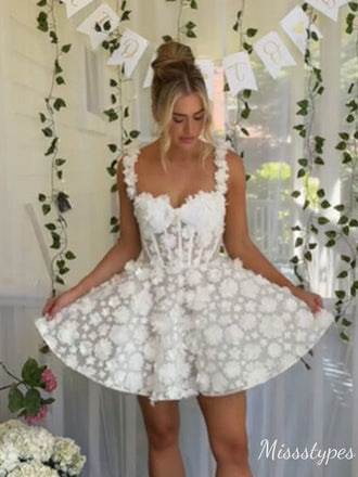 Elegant Floral White A-line Mini Short Party Homecoming Dresses,HM297