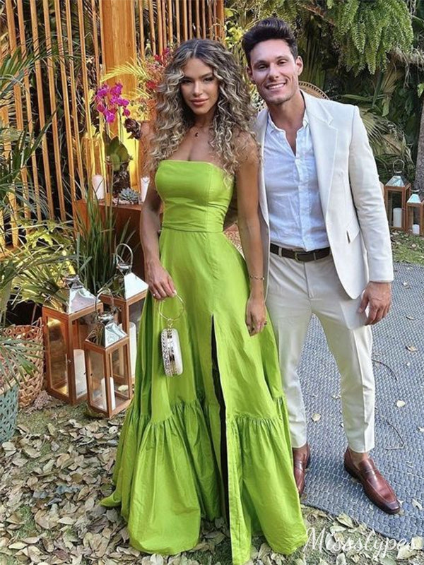 Simple Green A-line Side Slit Strapless Maxi Long Prom Evening Party Women Dresses ,ZX386