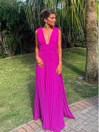 Sexy Hot Pink A-line V-neck Long Prom Dress To Impress, Evening Party Dresses,ZX439