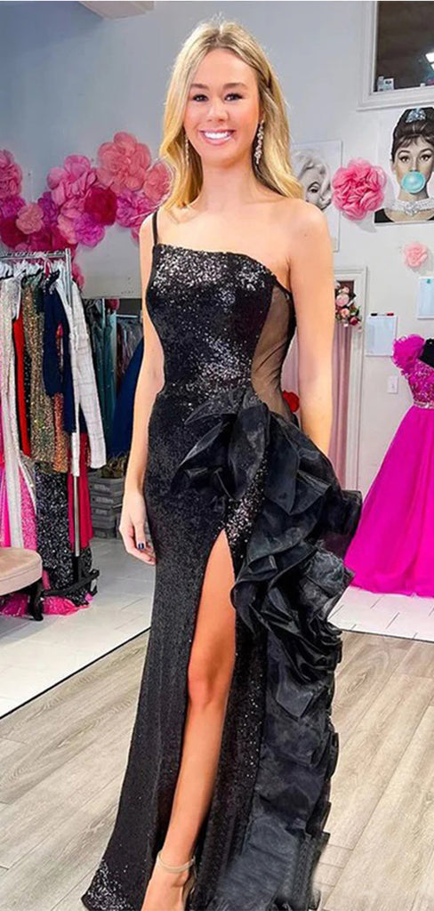 Sexy Black Mermaid One Shoulder Long Prom Evening Party Women Dress,ZX381