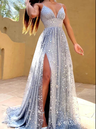 Sparkly Sliver Spaghetti Strap Backless Side Slit Long Popular Prom Dresses,ZX115