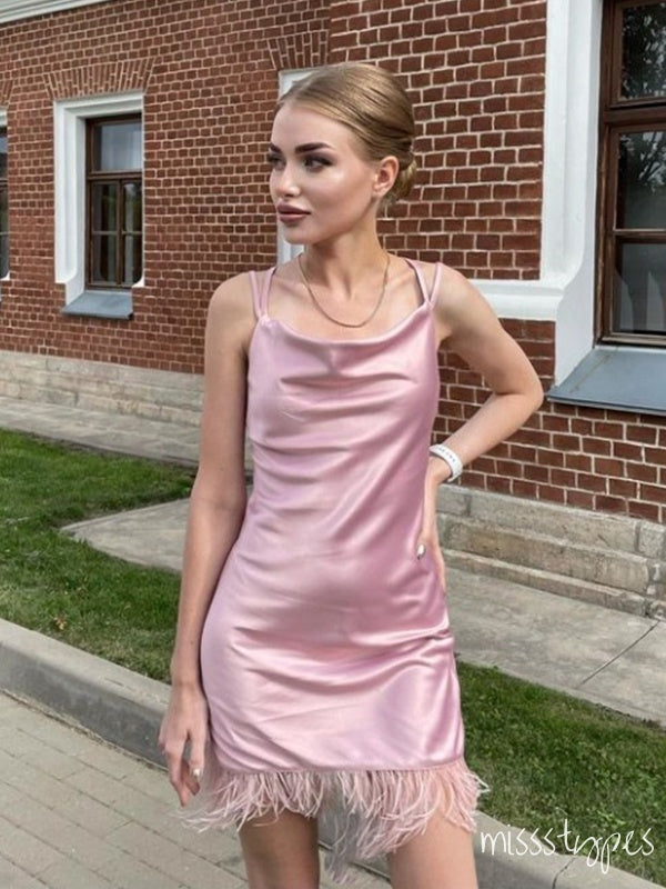 Sexy Women Pearl-Pink  Spaghetti Strap Mini Homecoming Dresses, HM20