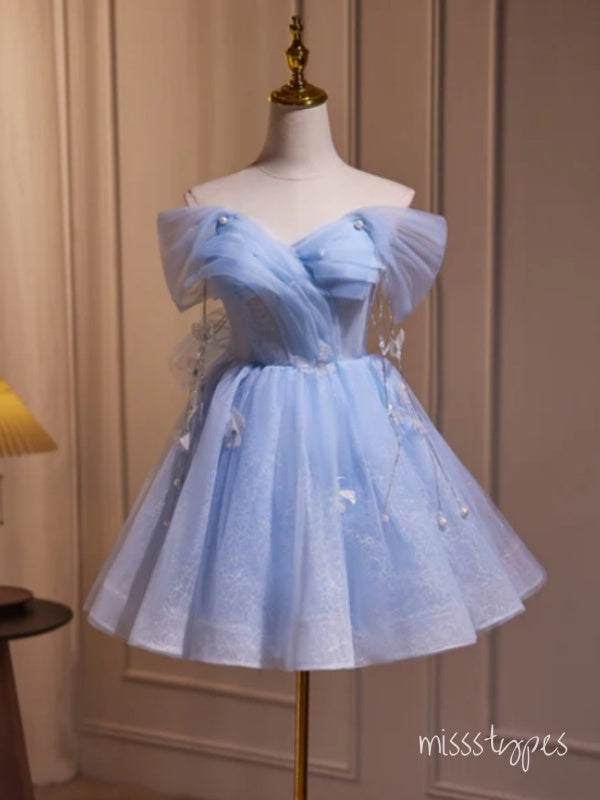 Princess Blue Tulle A-Line Ruffle Strapless Mini Homecoming Dresses, HM77