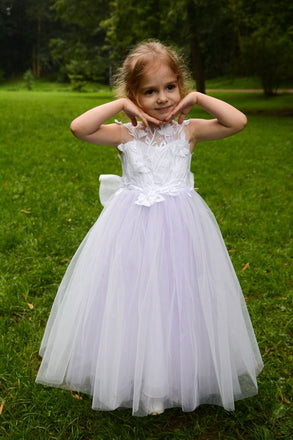 Vintage Flower Off-White Appliqued A-Line Tulle Sleeveless Long Little Flower Girl Dresses, ET21
