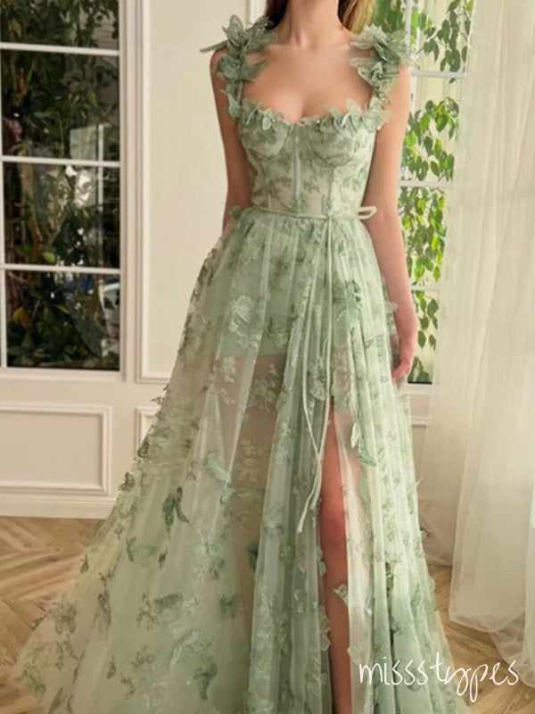 Cozy Green Side Slit Spaghetti Strap Floor-Length Prom Dresses,ZX106