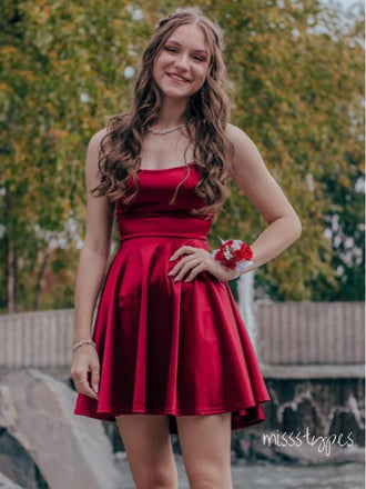 Sexy Red Spaghetti Strap Satin Empire Women Mini Party Homecoming Dresses,HM209