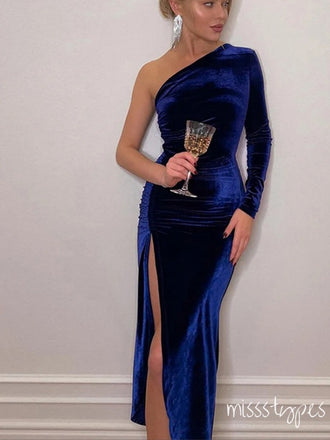Gorgeous Blue One Shoulder Long Mermaid Velvet Fashion Prom Dresses,ZX91