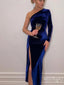 Gorgeous Blue One Shoulder Long Mermaid Velvet Fashion Prom Dresses,ZX91