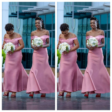 Simple Pink Off Shoulder Appliqued Tea-Length Mermaid Long Bridesmaid Dresses Online, BL140