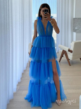 Pretty Blue V-Neck Tulle Spaghetti Strap Side Slit Long Prom Evening Dress,ZX366