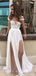 Sexy White Lace Front Slit Cap Shoulder With Trailing Long Prom Evening Dress,ZX293