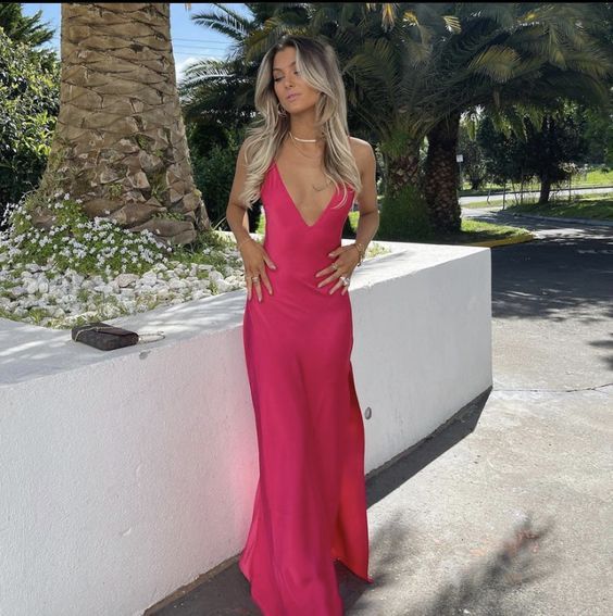 Sexy Hot Pink V-neck Side Slit Maxi Long Prom Evening Party Dresses,ZX413