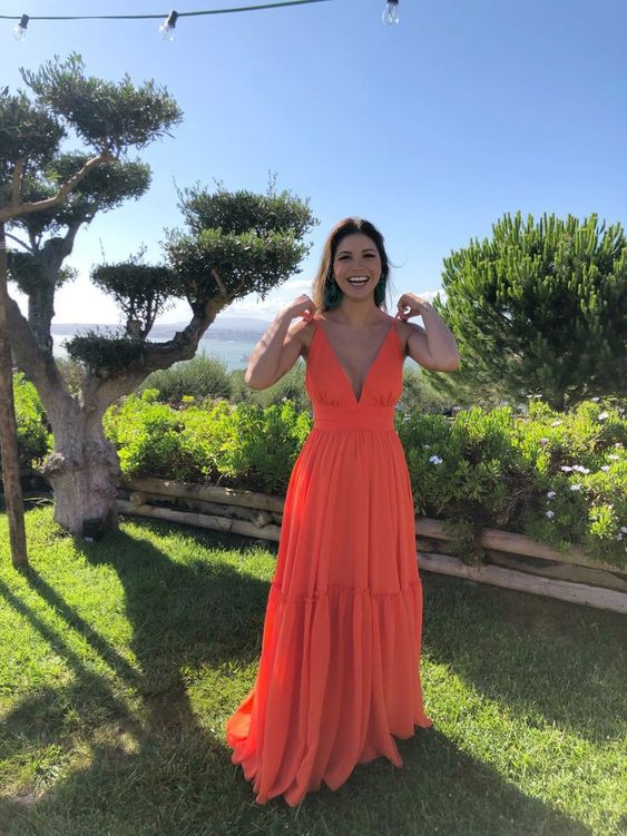 Sexy Orange A-line V-neck Maxi Long Prom Dress Ideas, Evening Party Dresses,ZX480