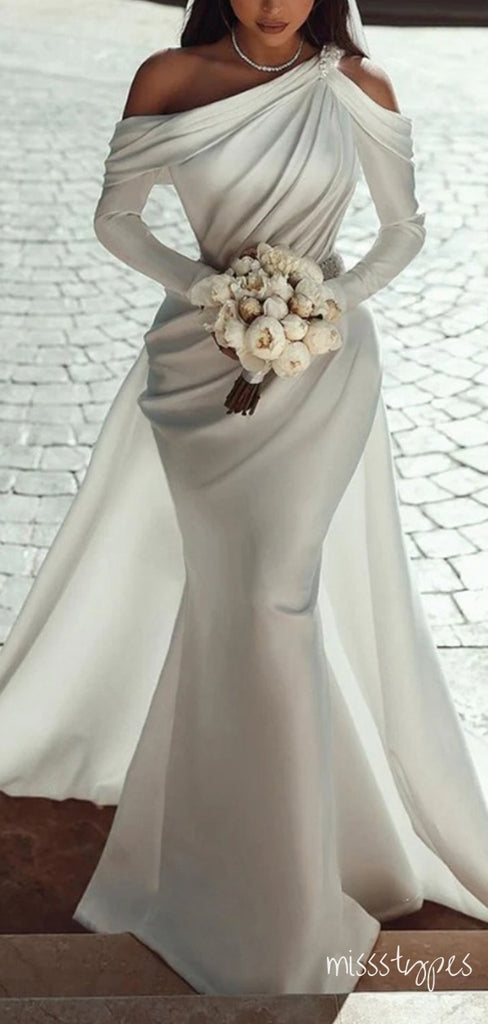 Asymmetrical White Full Sleeve Soft Women Long Mermaid Wedding Dresses HS58